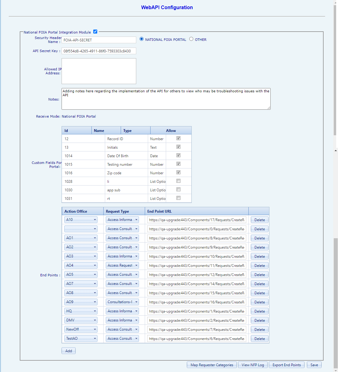 WebAPI configuration settings including API key and endpoint URLs for access requests.